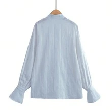 秋季新款甜美清新百搭优雅通勤宽松立领灯笼袖长袖休闲提花衬衫女式上衣春季 - 淺藍色 - 查看 3