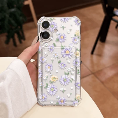Transparent Phone Case With Purple & Yellow Daisy Design, Compatible With Apple 11/11Pro/11ProMax, 12/12Pro/12ProMax, 13/13Pro/13ProMax, 14/14Pro/14ProMax, 15/15Pro/15ProMax, 16/16Pro/16ProMax, 17/17Pro/17ProMax. Made Of Anti-Drop Transparent Material, With Air Cushion Corners, Printed With Purple & Yellow Daisy And White Flower Pattern, Built-In Card Slot, Combining Freshness And Practicality.