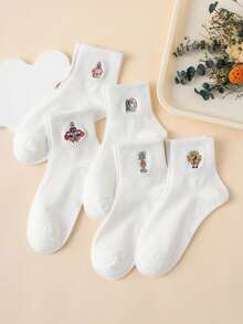 SpongeBob SquarePants 5双装女士可爱卡通刺绣海绵宝宝系列章鱼图案中筒袜，男女通用，运动款，四季皆宜，欧码/美码，舒适透气，耐穿，色彩丰富，适合日常穿着，高档材质，不闷脚 - 白色 - 查看 5