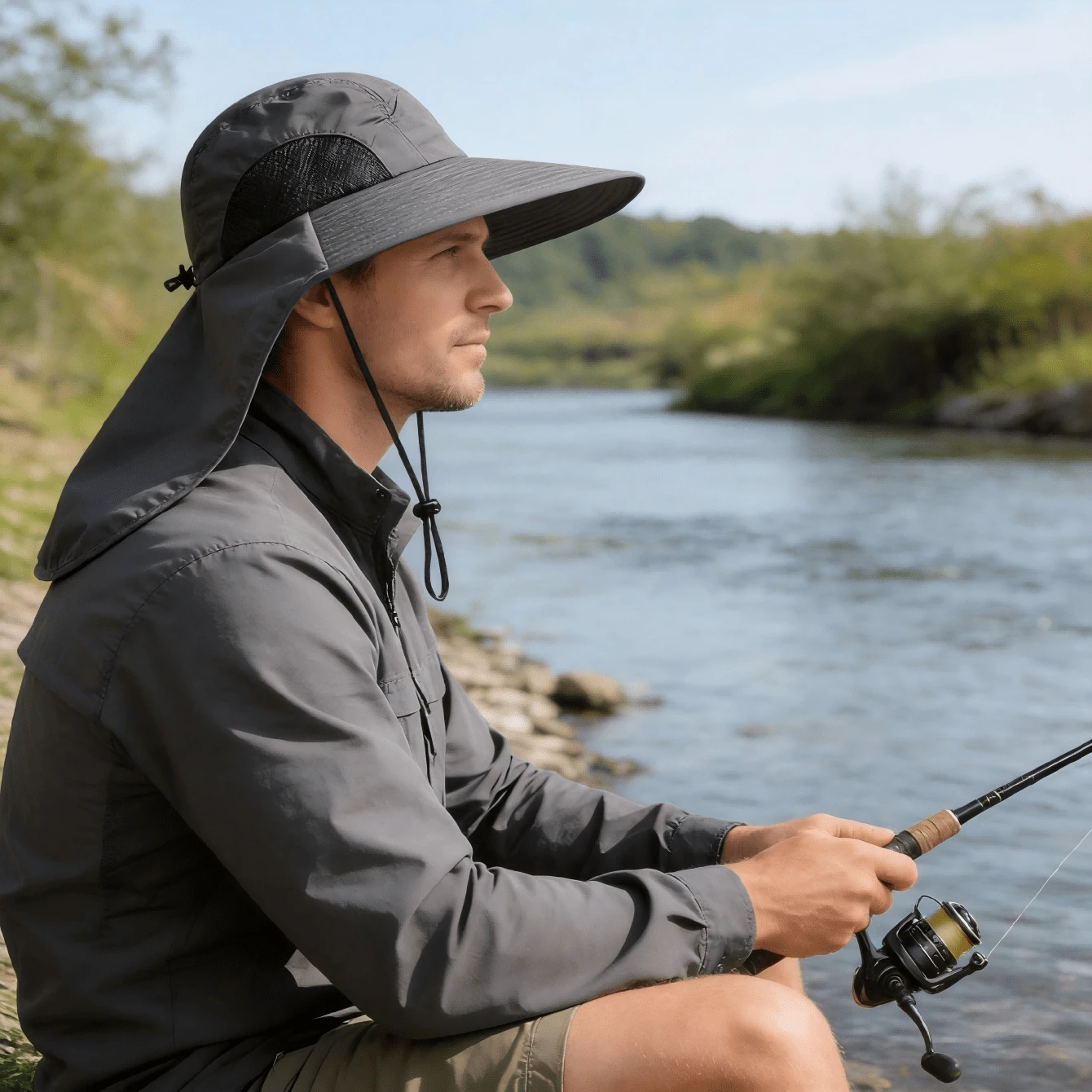 1pc Outdoor UV Protection Bucket Hat, Adjustable Drawstring, Breathable Mesh, Camping Fishing Sun Hat With Neck Flap, Wide Brim Sun Protection, Breathable Mesh - Multicolor - View 1