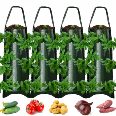 5pcs/1pc Outdoor Patio Wall-Mounted Strawberry Planting Bags, Hanging Perforated Strawberry Planting Bags, Balcony Patio Ivy Vegetable Planting Bags, Breathable Waterproof , Durable Reusable Foldable Storage Bags