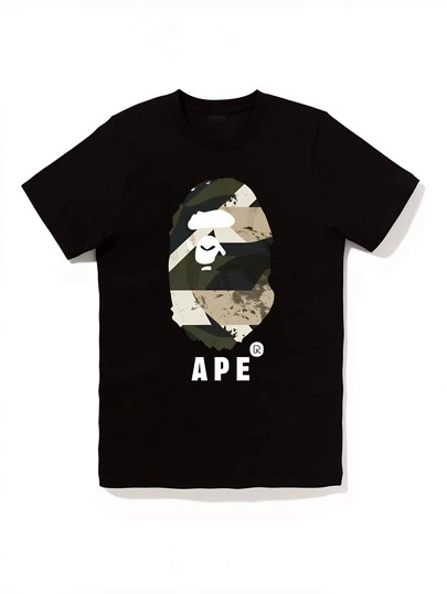 Herren T-Shirt mit APE-Grafik - Schwarzes Rundhals-T-Shirt, Baumwollshirt für Fitnessstudio, Alltags-Casual Streetwear - Maschinenwaschbares Herrentop, Gym-Bekleidung, Camouflage-Design, Strapazierfähiges Material, Sportlicher Look, Atmungsaktives Material, Kurzarmshirt, Streetwear-Liebhaber