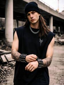 Camiseta de tirantes con estampado de calavera y cuernos gótico oscuro para hombres, camisa sin mangas de estilo punk callejero, ajuste regular de chaleco musculoso - Negro - Ver 6