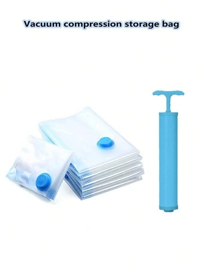 3/10件套+手动气泵套装包含简易真空压缩袋和手动气泵，可用作衣物收纳袋、家用行李袋、透明真空压缩收纳袋和密封搬家袋。适用于衣物、毯子、衬衫等。
