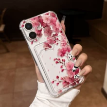 Sakura Card Holder Transparent Phone Case, Compatible With IPhone 11/11Pro/11ProMax, 12/12Pro/12ProMax, 13/13Pro/13ProMax, 14/14Pro/14ProMax, 15/15Pro/15ProMax, 16/16Pro/16ProMax, 17/17Pro/17ProMax. Made Of Transparent Anti-Fall Material, With Air Cushion Corners, Full-Cover Beautiful Sakura Flower And Petal Pattern, Built-In Card Slots, Combining Aesthetics And Practicality. - Clear - View 3