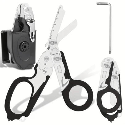 6-In-1 กรรไกรพับอเนกประสงค์-กรรไกรฉุกเฉินสำหรับงานหนักพร้อมที่จับที่ออกแบบตามหลักสรีรศาสตร์และการออกแบบพับได้กะทัดรัด สามารถตัดกระจกนิรภัย, สายไฟ, รองเท้า, เสื้อผ้า และเข็มขัดนิรภัยได้ เหมาะสำหรับผู้เผชิญเหตุฉุกเฉิน, การตั้งแคมป์, โรงพยาบาล และการใช้งานในบ้าน; ทำหน้าที่เป็นเครื่องมือช่วยชีวิตทางยุทธวิธี, กรรไกรทำสวน, กรรไกรจัดสวน และเครื่องมือ DIY สำหรับโรงเรียน, สำนักงาน, งานฝีมือ และการใช้งานทางอุตสาหกรรม ของขวัญที่สมบูรณ์แบบสำหรับผู้ชาย! (สไตล์, สี และบรรจุภัณฑ์แบบสุ่ม)