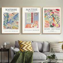 一套三幅亨利·马蒂斯复古抽象帆布墙画，白色米色极简主义装饰画，无框，帆布材质，无需用电展示，家居装饰墙贴 - 222 - 查看 3