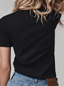 Plus Size - Plus Size - Plus Size Letter Print T-Shirt, Short-Sleeve Round Neck Casual Top, Suitable For Summer And Spring, Women'S Plus Size Clothing - màu đen - Xem 3