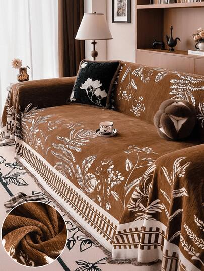 1pc Chenille Sofa Blanket, Bohemian Leaf Pattern, Soft , Pet-Friendly, Machine Washable, 100% Polyester, With Sofa Protector Cover, Suitable For Bedroom, Living Room, Home Decor