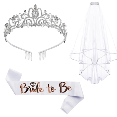 3件套：1条9.5厘米*160厘米缎面新娘肩带 + 1条80厘米长网纱头纱 + 1个新娘皇冠头饰，适用于婚礼和生日派对装饰，适合新娘、新婚夫妇、伴娘、伴郎、冠军、获奖者，可作为生日礼物赠送，多种颜色可选。