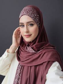 1pc Women's Popular Crystal Solid Color Knitted Headscarf Shawl, Soft Hijab Scarf, Casual Long Scarf - A - View 26