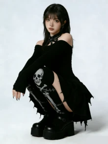 1双女士哥特骷髅荆棘印花过膝袜，Y2K甜美性感大腿袜，街头风长袜，适合JK洛丽塔角色扮演 - 彩色 - 查看 8