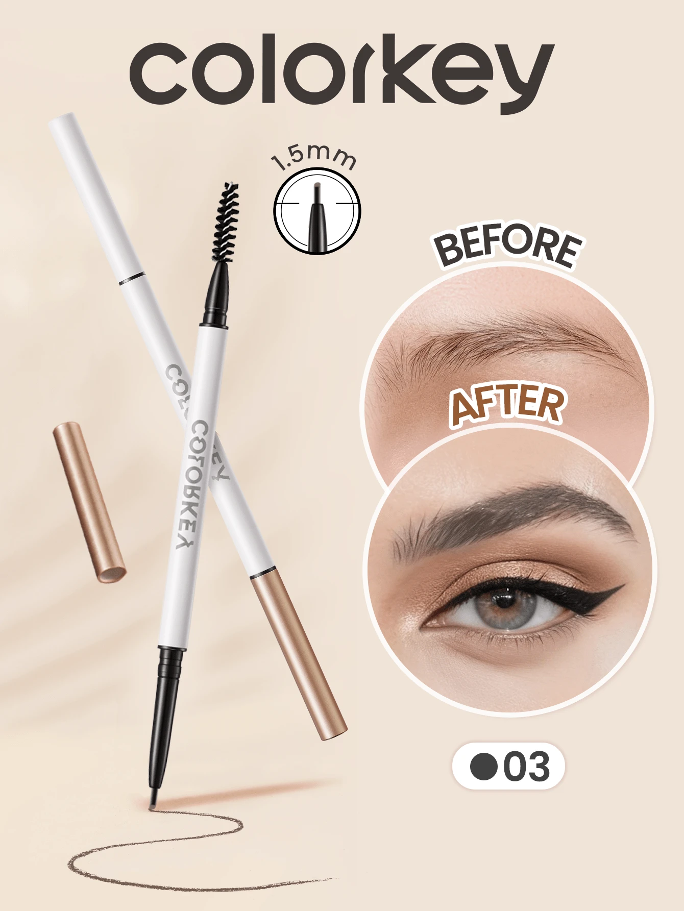 قلم حواجب COLORKEY، قلم حواجب ثنائي الطرف ذو تأثير مزدوج مع فرشاة، مقاوم للماء والعرق وطويل الأمد ومقاوم للبقع، لون ناعم فائق الدقة 1.5 مم لتشكيل الحواجب بشكل طبيعي، جل حواجب مكياج، ماركة مستحضرات تجميل، مكياج للنساء والفتيات، مناسب للربيع/الصيف، موضة Y2K، مناسب كهدية عيد الأم، مكياج الحفلات، أفضل لون - 03 ستار جراي - مشاهدة 1
