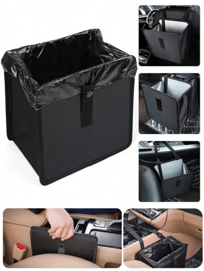 多功能储物箱，车载挂式垃圾桶，黑色牛津布材质，小型防水防漏垃圾桶，可折叠，配有可调节挂钩带，可悬挂于前排或后排座椅，也可作为零食、水瓶或电子设备的收纳袋。