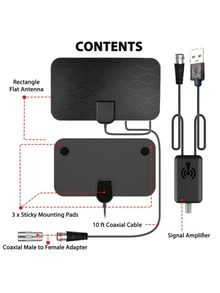 1pc Portable Indoor TV Antenna, Supports 4K UHD And 1080P, Smart Amplifier, USB Powered Digital Antenna, Compatible With Smart TVs And TVs With HDTV Tuners Or Digital Converters, Frequency Range: VHF(170-240MHz)/UHF(470-860MHz), 36dBi Signal Amplification, With F-Type Connector And IEC Adapter, Compatible With Digital Terrestrial Signals: (DVB-T/T2ISDB-TDMB-T/HATSC) And DAB/FM Radio HDTV Channels, No Battery Required, Easy Installation - Black - View 8