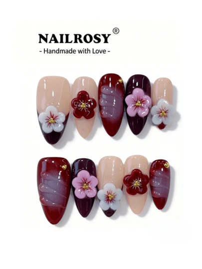 10 piezas de pegatinas de uñas de flores 3D realistas de color borgoña hechas a mano, forma de almendra mate elegante, uñas de gel 3D, adecuadas para verano y primavera, uñas postizas reutilizables, arte de uñas de lujo para vacaciones, vacaciones, cumpleaños