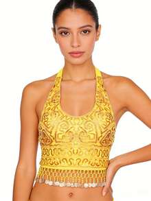 Halter Neck Sequin Embroidered Metal Disc Tassel Fringe Crop Top Belly Dance Performance Costume Party Festival Wear (Multiple Colors Available) - 彩色 - 查看 4