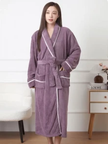 1pc Women's Contrast Trim Double Pocket Plush Thick Bathrobe - Flat Bean Paste Bathrobe - View 5