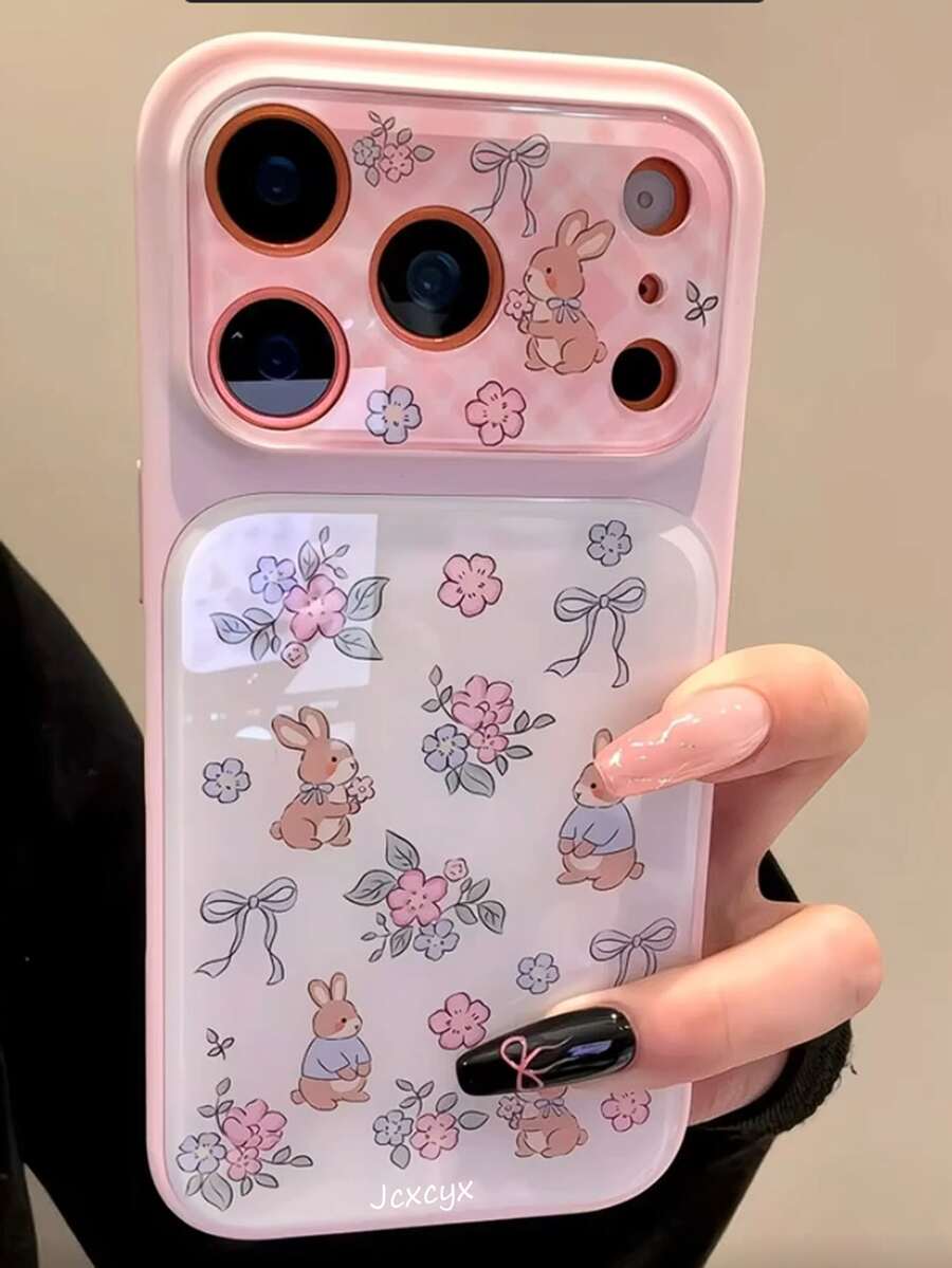 Funda de teléfono suave con patrón de conejo y flores de dibujos animados compatible con iPhone 17 Pro Max, 17 Pro, 17, 16 Pro Max, 16 Pro, 16, 15 Pro Max, 15 Pro, 15, 14 Pro Max, 14 Pro, 14