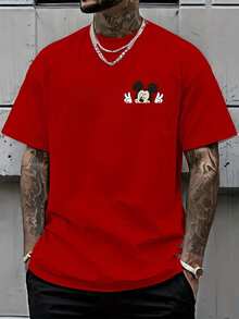 Disney Licensed - Mickey Mouse Cartoon Print Series Short-Sleeve Crew Neck T-Shirt, Unisex Summer Style, Men's Base Layer Shirt, Suitable For Daily Commuting, Men's Casual Wear, Birthday Gift, Everyday Outfit, Loose Fit, Perfect For Parties, Cool And Breathable - Red - View 2