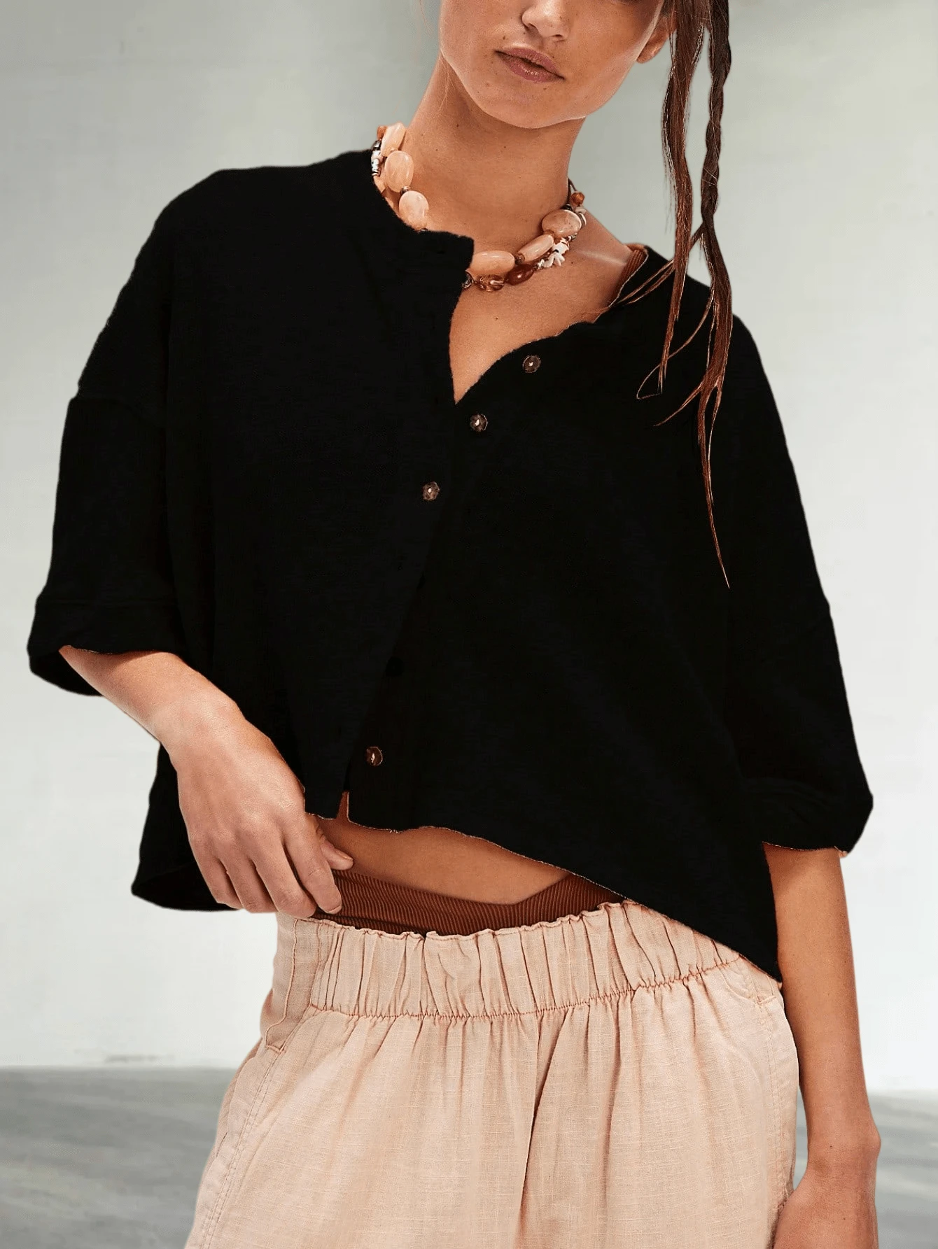 Women Half Sleeve Cropped Cardigan Shirt Short Sleeve Button Down Open Front Crewneck Loose Fit Knit T Shirt Y2k Casual Crop Tops Summer Fall Lightweight Jacket Outwear - 黑色 - 查看 1