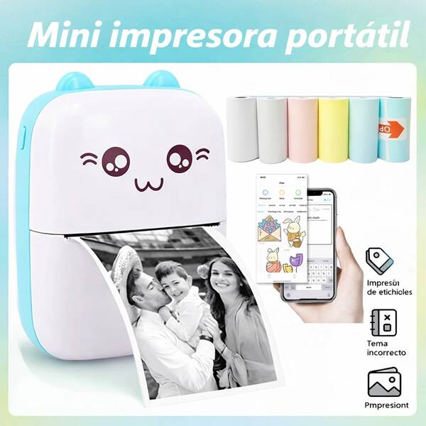 Impresora Térmica Portátil Mini Gato,Impresora de Bolsillo Bluetooth Inalámbrica para Fotos y Etiquetas Compatible con Android y iOS Ideal para Notas Tareas Escolares y Organización