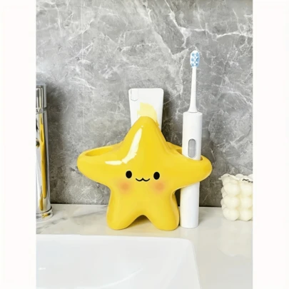 1个可爱星形塑料牙刷架 - 独立式浴室收纳架，造型可爱，塑料材质，节省空间，可放置牙刷和牙膏 - 为浴室增添可爱气息