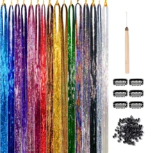 Set de 12 piezas (100 extensiones de cabello, 6 clips y 1 aguja de gancho) Set de extensiones de cabello con lentejuelas brillantes resistentes al calor de 36/48 pulgadas, 12 colores, accesorios de cabello de hada brillante, decoración de cabello sintético, adecuado para mujeres, niñas y niños (2400 piezas) - Multicolor - Ver 2