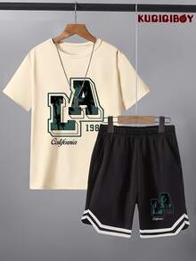 Teen Boys' Casual Summer Short-Sleeve Set With English Letters, Stylish Outdoor Sports Spring/Summer T-Shirt And Shorts Set, Loose Fit Suitable For Warm Weather Teenagers' Versatile Los Angeles English Letter Printed Fashionable Round Neck Short-Sleeved Shorts Set Is Perfect For Outdoor Travel,Teen Boy Clothes Set # Crew Neck Letter Print T-Shirt + Drawstring Shorts Set (Summer) - 杏色 - 查看 9