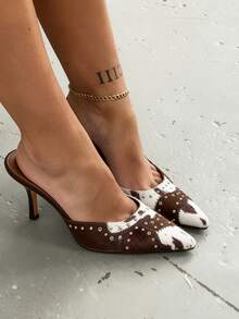 Women's Pointed Toe Mule Heels, Pointed Toe Sexy Heels, Studded Slip-On Stiletto Heels, Suedette Elegant Chic Dress Pumps For Party, Office N Daily Wear - Đen và trắng - Xem 1