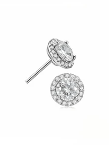 1 Pair S925 Sterling Silver Black & White Diamond CZ Stud Earrings, Sparkling Cubic Zirconia Personalized Earrings - Multicolor - View 8