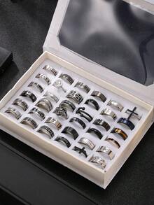 3/6/9/12/15件套不锈钢男士戒指套装，包含玫瑰花、十字架、铜币、扭纹、蜘蛛等元素，适合男士日常佩戴、节日、约会、订婚等场合。 - 彩色 - 查看 1