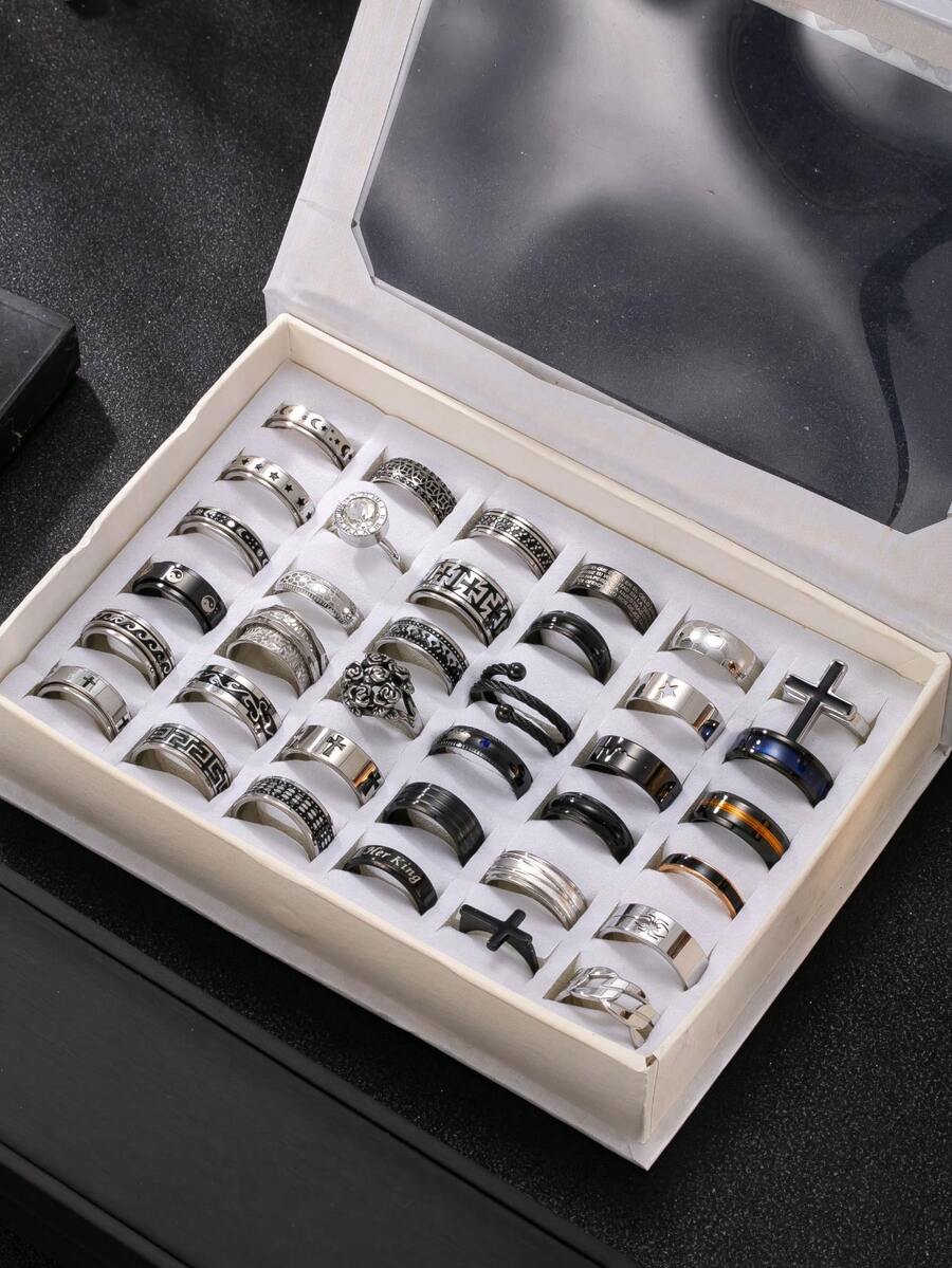 3/6/9/12/15件套不锈钢男士戒指套装，包含玫瑰花、十字架、铜币、扭纹、蜘蛛等元素，适合男士日常佩戴、节日、约会、订婚等场合。 - 彩色 - 查看 1