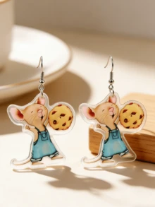 1 Pair Creative Cute Mouse Holding Cookie Acrylic Dangle Earrings, Fashionable School Series, Suitable For Teachers And Students, Daily Wear Gift Jewelry - The Mouse Takes the Cookie - View 1