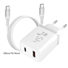 Bộ sạc USB C 45W, sạc nhanh GaN/PPS, GaN II với cáp dữ liệu bện sạc nhanh 60W dài 2M/1.5M/1M, tương thích với Samsung Galaxy S25/S24/S23/S22 Ultra, điện thoại thông minh dòng 17/16/15, sạc đồng thời qua cổng USB A và USB C. - Phích cắm loại C của EU (220-240V) - Xem 11