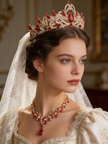 1套巴洛克风格新娘奢华皇冠，婚礼派对头饰配饰套装 - 彩色 - 查看 7