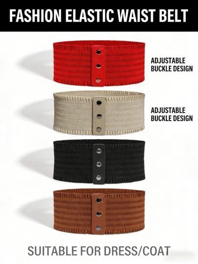1pc Women's Vintage Ruffled Wide Waist Belt, 4 Colors Available, Elastic Waist Cincher Suitable For Dresses, Coats, Versatile Waist Accessory