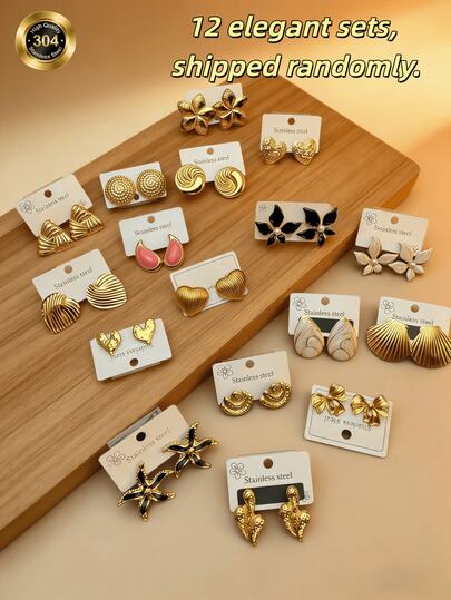 12pcs/Set Vintage Luxury Multi-Color Floral & Geometric Earrings Set, Random Delivery. High-End High-Gloss Titanium Steel Handmade Earrings And Studs, Suitable For Women's Daily Wear And Holiday Gatherings. Earring Set, Earring Hoops, Earrings, Gold Hoop Earrings, Gold Circular Earrings, Hoop Earrings, Purple Jewelry, Earring Set, Women's Dangle Earrings, Green Earrings, Blue Earrings.