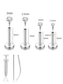 18G/20G螺纹平底鼻钉，镶嵌锆石，男女通用，低过敏性鼻环，鼻孔耳屏耳廓穿孔饰品，女士饰品礼品 - 如圖 - 查看 13