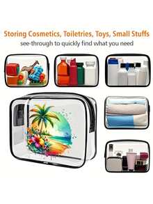 新款夏季沙滩防水PVC洗漱包，旅行收纳包 - PVC透明洗漱包，旅行必备，便携式拉链旅行洗漱包，大容量，链条旅行洗漱包，适合作为女性生日派对回礼、新娘礼物，适合女孩、女士、护士、女朋友，沙滩透明洗漱包，防水收纳包，透明收纳包，沙滩和浴室必备用品整理包，男女皆宜。你好，夏日沙滩 - 彩色 - 查看 2
