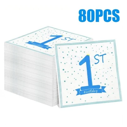 80/40/20pcs 13 * 13 Inch Disposable Napkins Designed Specifically For 1-Year-Old Birthday Parties, Featuring Blue "1ST" Text And Star Embellishment Patterns, Used For Birthday Parties, Family Gatherings, Hotel And Restaurant Decoration Paper