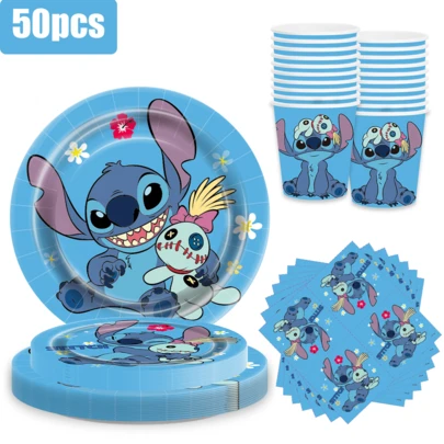 Disney 50件套缝线图案一次性餐具套装，适合派对、露营、烧烤、万圣节和圣诞节等场合，可供10人使用。