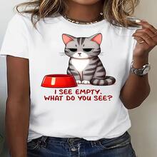 Camiseta gráfica casual de mujer extra grande y oversized - Manga corta, cuello redondo, diseño de gato blanco con cubo rojo, mezcla de algodón ligera para primavera y verano, camiseta diaria, camiseta gráfica divertida, top lavable a máquina - Multicolor - Ver 1