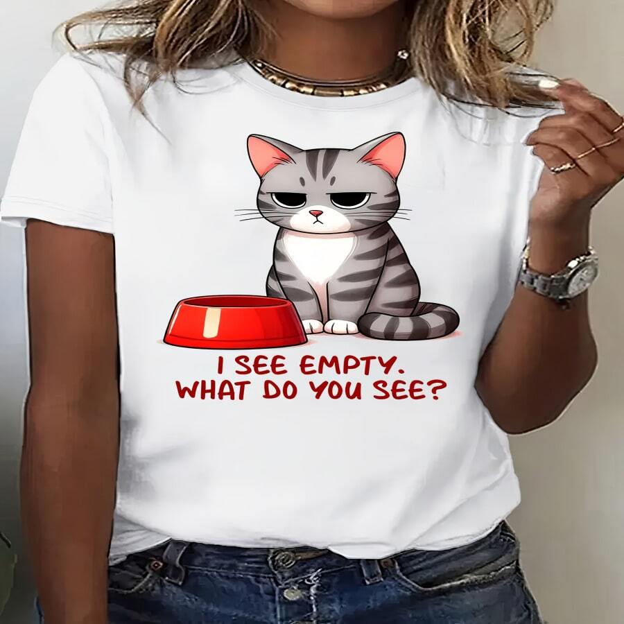 Camiseta gráfica casual de mujer extra grande y oversized - Manga corta, cuello redondo, diseño de gato blanco con cubo rojo, mezcla de algodón ligera para primavera y verano, camiseta diaria, camiseta gráfica divertida, top lavable a máquina - Multicolor - Ver 1