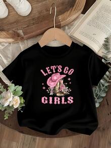Girls' Printed T-Shirt With Cowboy Boots & "Let's Go Girls" Lettering, Country Chic Style, Soft Cotton, Ideal For Parties & Everyday Wear, Comfortable And Fun Gift To Express Your Personality! - Black - View 2