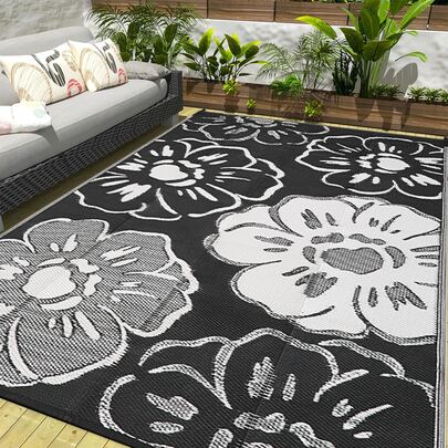 5 pieds x 8 pieds Tapis de zone extérieure, Tapis de patio lavable multicolore, Tapis d'extérieur en velours tropical à fleurs imperméable pour salon, terrasse, cour arrière, porche, noir