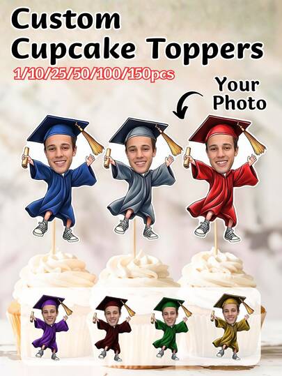 1/10/25/50/100/150 Stück personalisierte Foto-Kuchentoppers - Individuelle Absolventengesichter, personalisierter Abschluss-Foto-Ornament, Abschlussgeschenk für sie/ihn, lustige individuelle Zahnstocher-Cupcake-Toppers, Abschluss-Dekorationen, einzigartige Partyzubehör für Abschluss, Hochzeiten, Familienfeiern und besondere Anlässe, Geschenke für Absolventen, personalisierter Abschluss-Foto-Ornament, für Valentinstag, Muttertag, Geburtstage, Kindertag, Vatertag, Abschluss