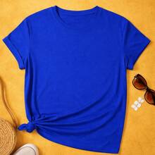 Elegant Plain Women's T-Shirt, 100% Cotton Blouse - 藍色 - 查看 2