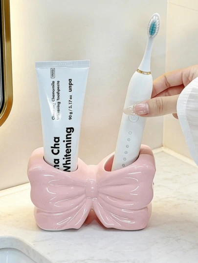 1个迷人蝴蝶结牙刷架 - 便携式浴室收纳架，无需钻孔，适用于牙刷和牙膏，少女风蝴蝶结牙刷架，浴室梳妆台收纳架，适用于电动牙刷和牙膏，房间装饰，家居装饰，情人节礼物，返校礼物