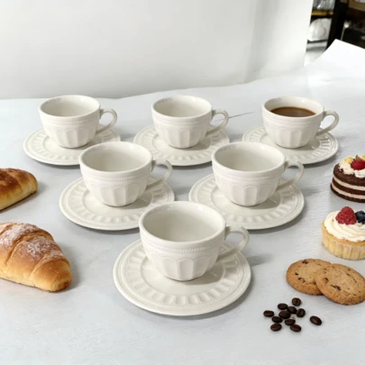 6Set/1Set Embossed Ceramic Cup And Saucer Set, Vintage European Style Beaded Edge White Porcelain Coffee Mugs, Dishwasher Afternoon Tea Cup Gift Set For Latte/Cappuccino, Home Kitchen & Cafe Party